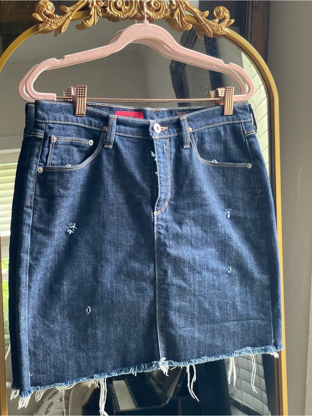 AG Adriano Goldschmied Dark Blue The Chelsea Distressed Denim Mini Skirt